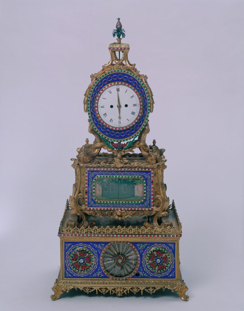 图片[1]-Bronze plated enamel flower rotating activity figure clock-China Archive